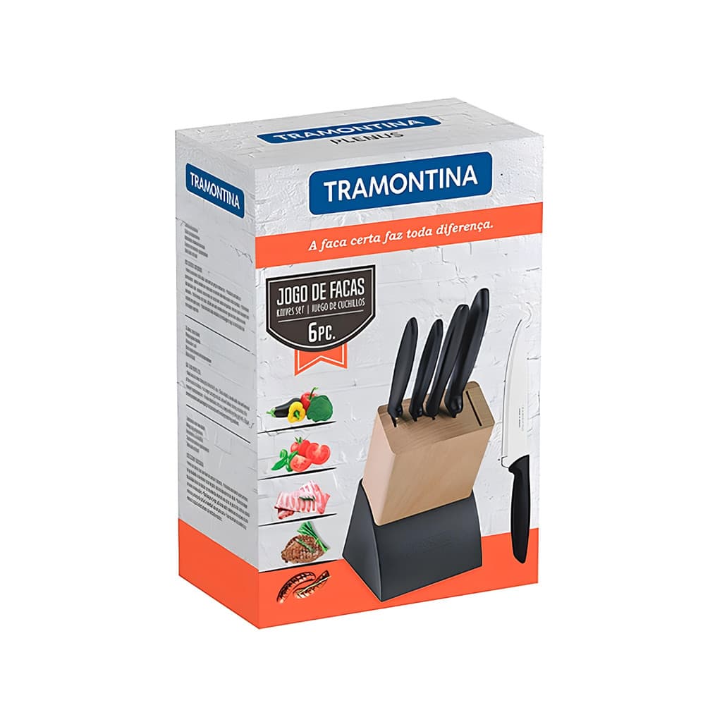 JOGO DE FACAS TRAMONTINA PLENUS INOX 23498028 COM SUPORTE DE MADEIRA COM 6 PEÇAS