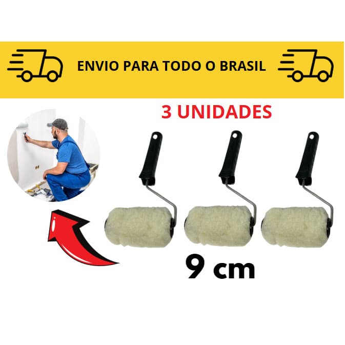 3 Rolos para pintura Lã 9cm / rolo de pintura com cabo / acabamento pintura