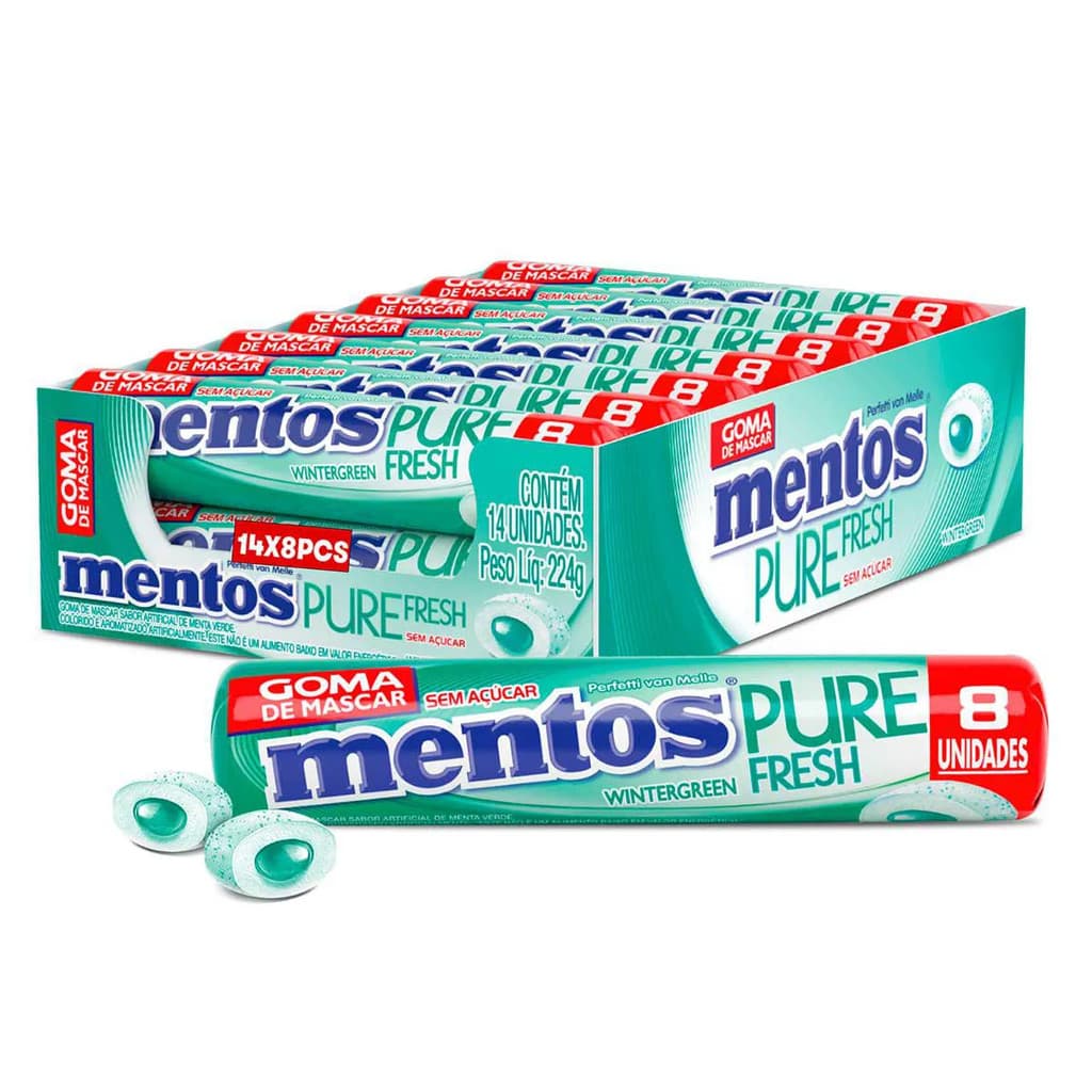 Chiclete Mentos Pure Fresh Caixa 14 Sticks 112 Unidades Wintergreen (Verde) Sem Açúcar e Sem Glúten