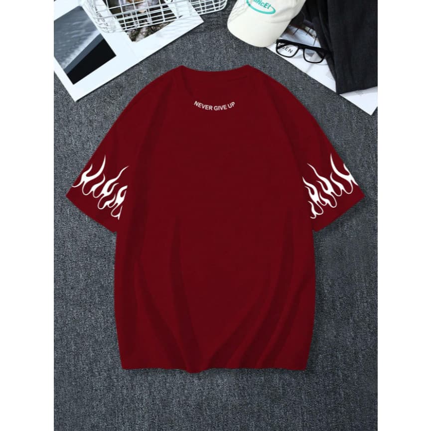 Camiseta Mangas Fogo Maculina Estampada Streetwear Grande Never Give Up Premium Blusao