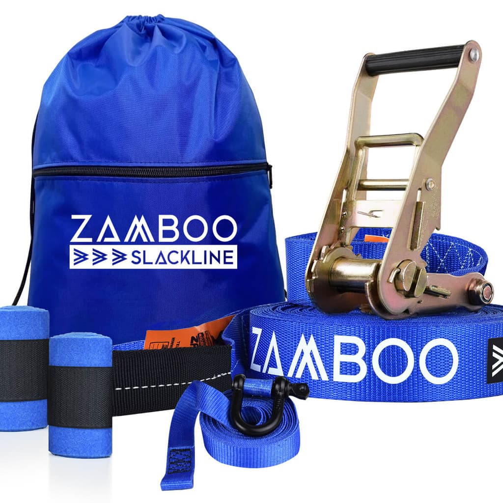 Slackline Zamboo ActionLine 20m Azul Com Catraca Reforçada BackUp Protetores e Bolsa Coordenação Equilíbrio
