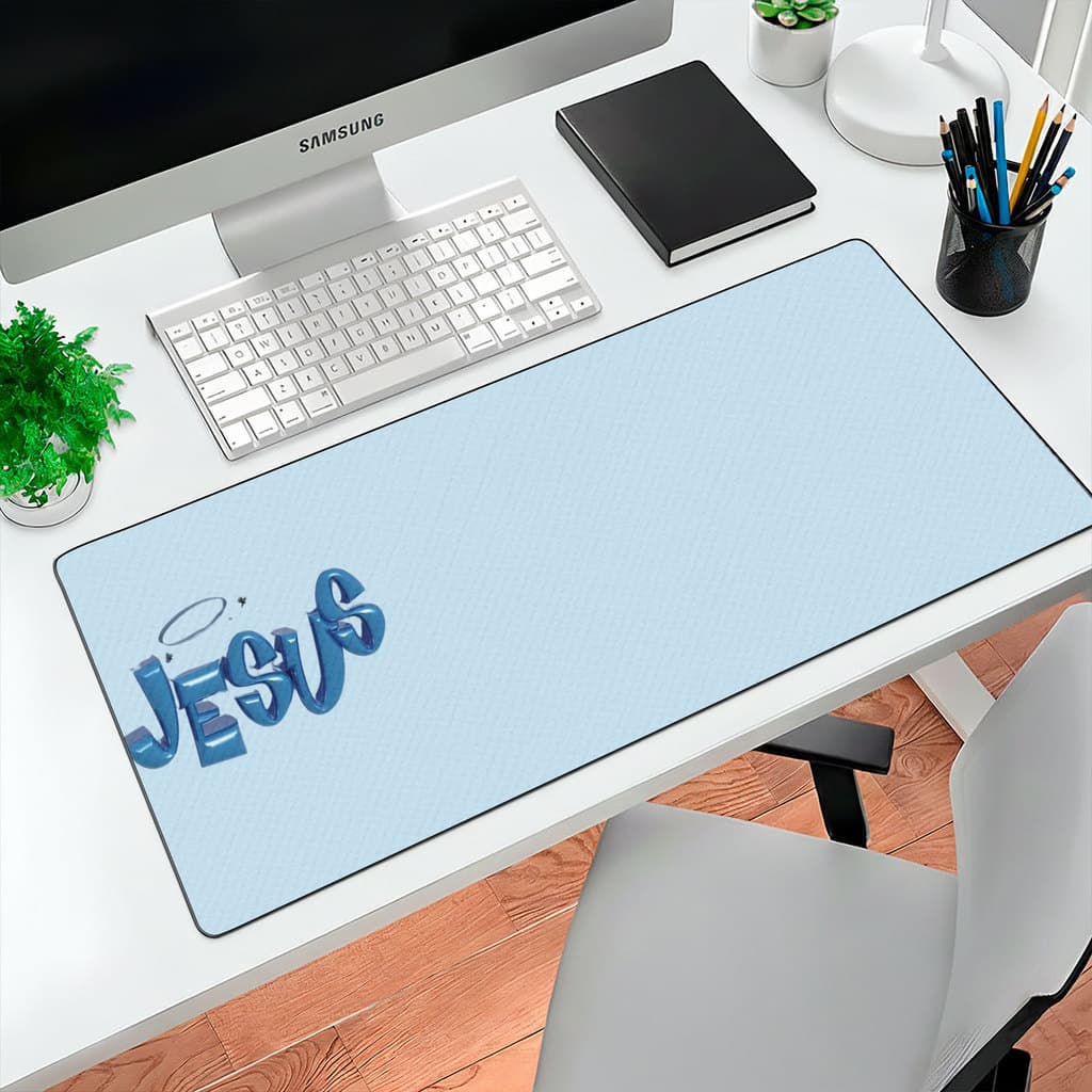 MousePad Grande 80x30 Deskpad Jesus Azul Feminino Rosa Divino Religioso Antiderrapante Mouse Pad Grande RGB