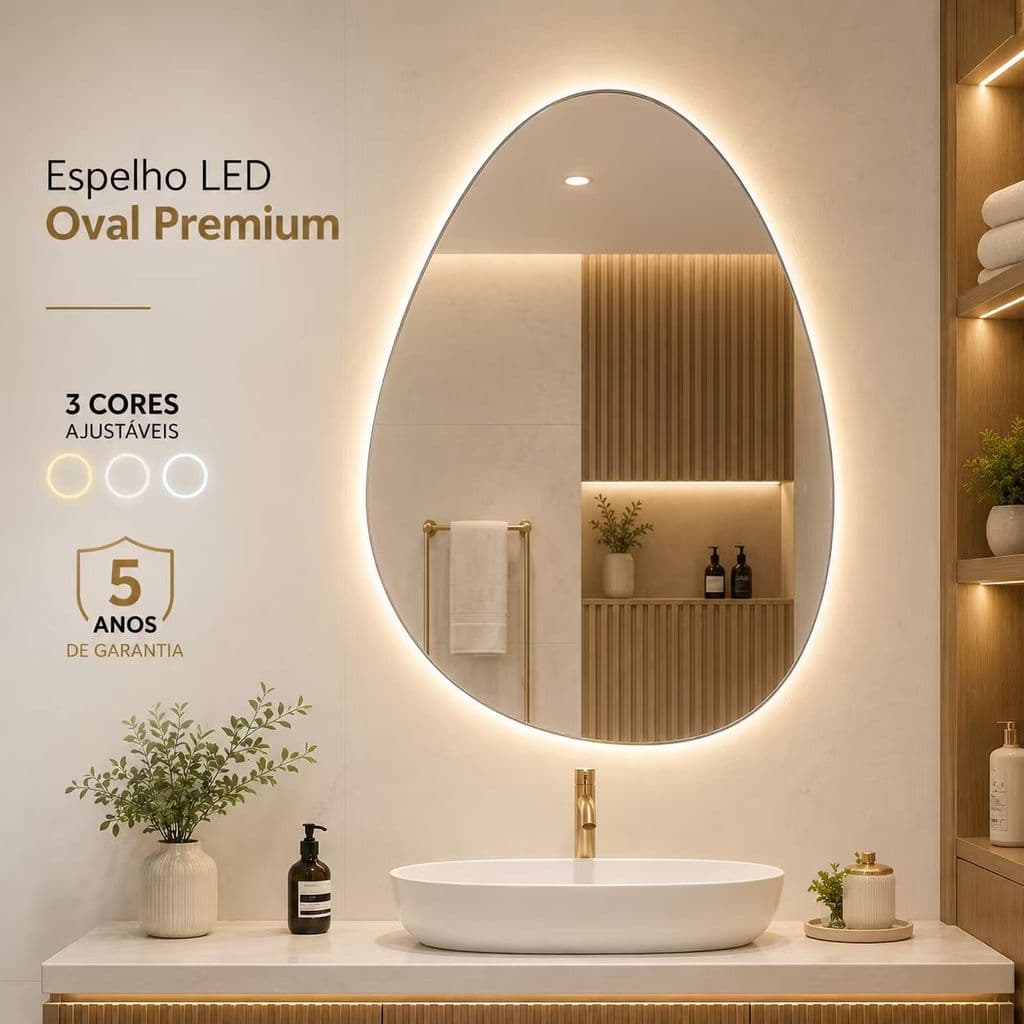 Espelho de banheiro com LED 3 cores Espelho decorativo de parede Espelho de maquiagem Espelho de cabeleireiro