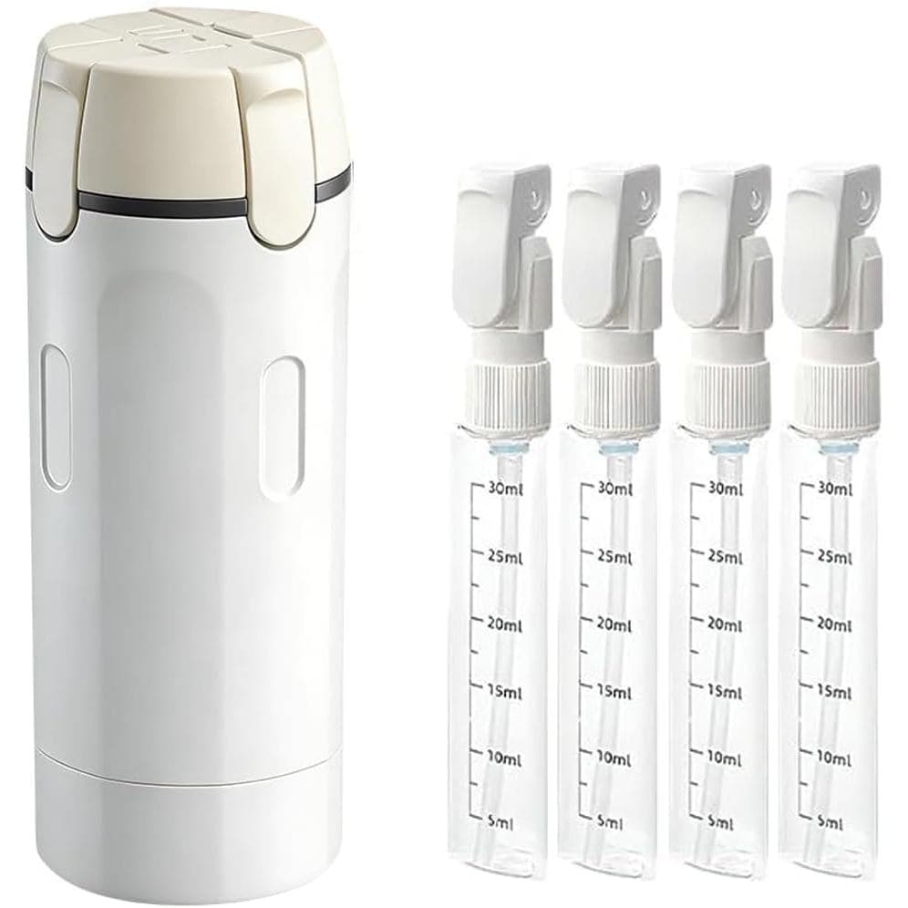 Frasco dispensador de viagem quatro em um, usado para dispensar produtos de higiene pessoal, possui design à prova de va