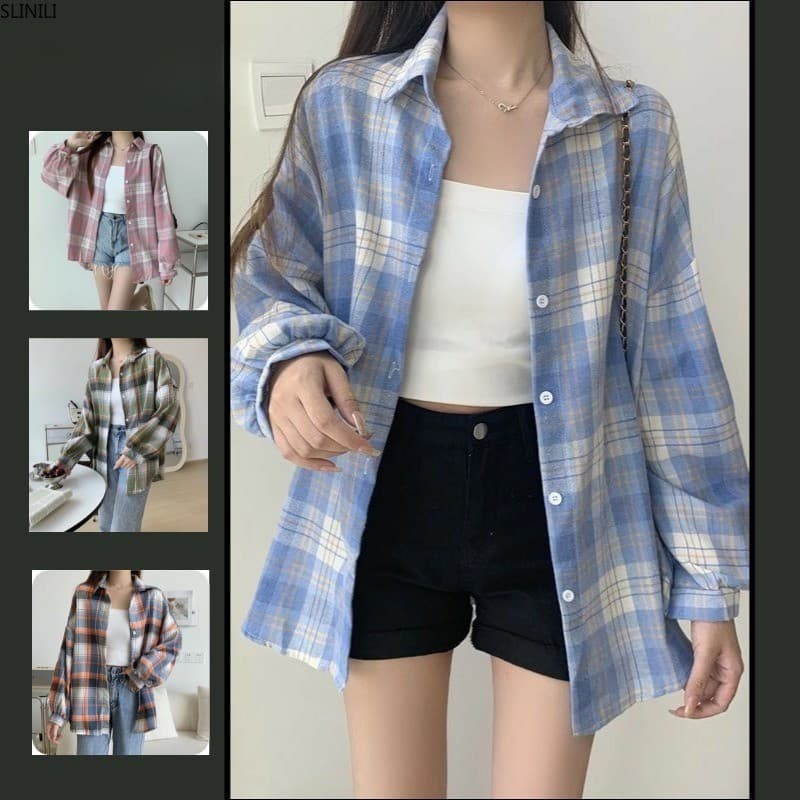 Camisa Feminina Xadrez Fina de Manga Longa Solta para Primavera e Outono 2SGP