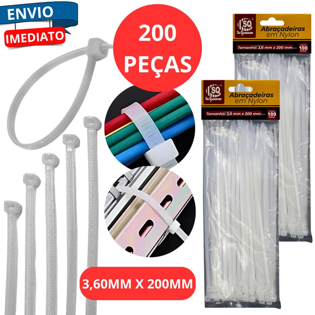 Kit 200 Abraçadeiras 200mm 3,6mm Cabos Fixação Enforca Gato Prendedor Trava Automática Fios Fiação