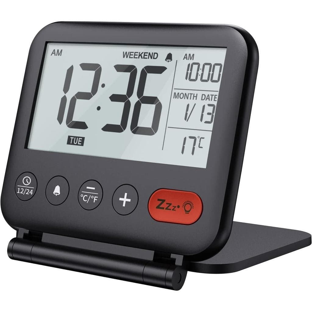 Relógio Despertador Digital de Viagem NOKLEAD – Mini Relógio Portátil com Display LCD, Luz de Fundo, Calendário, Tempera