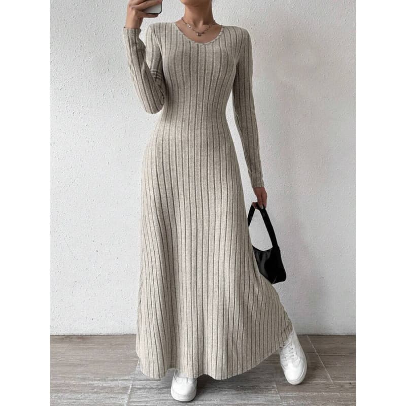 Vestido Slim-fit Moda Feminina Malha Cor Sólida Manga Comprida Linha A Saia Longa de Rua