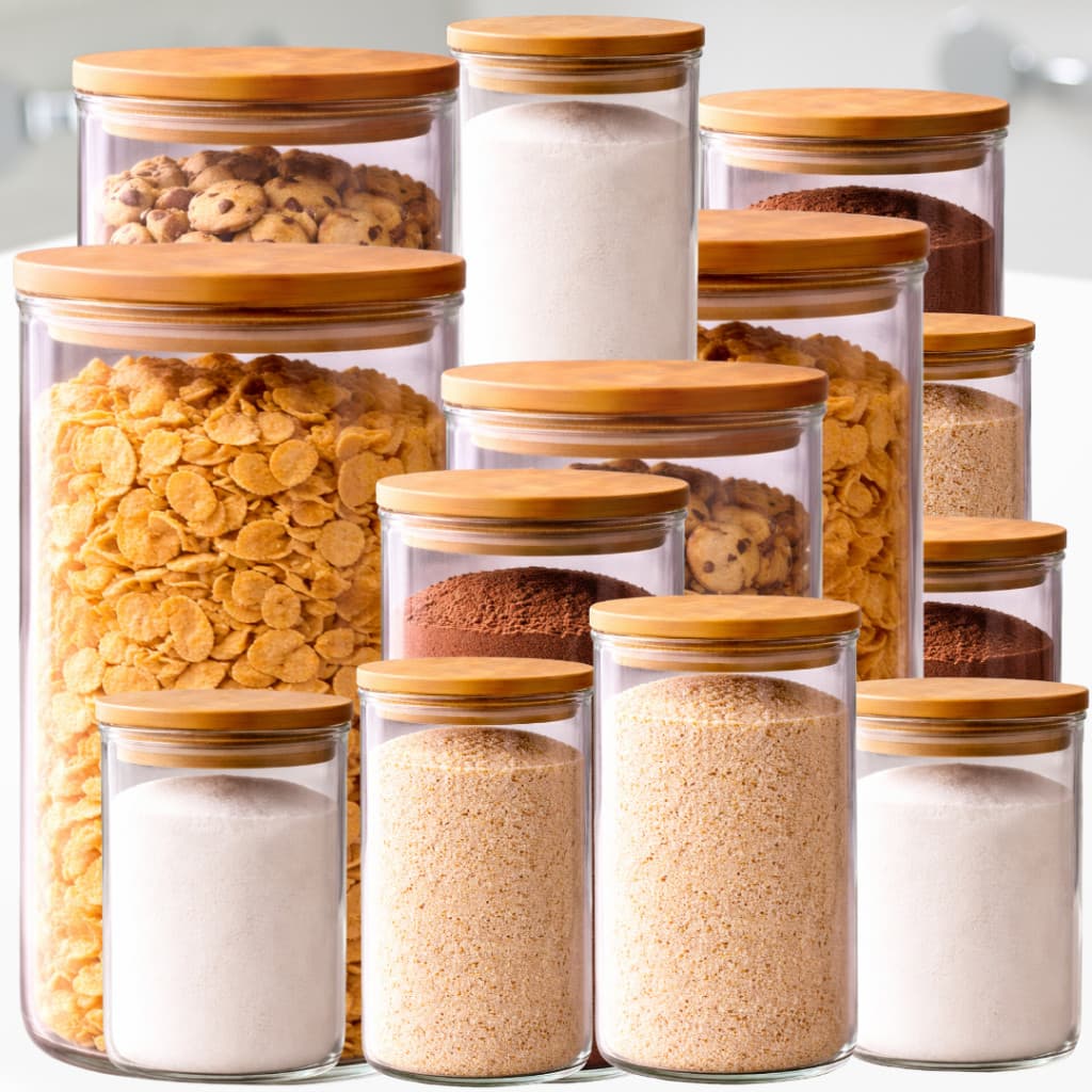 Kit 13 Potes Herméticos De Vidro Borossilicato Tampa Bambu Variados Alimentos Cereais Olivini Home