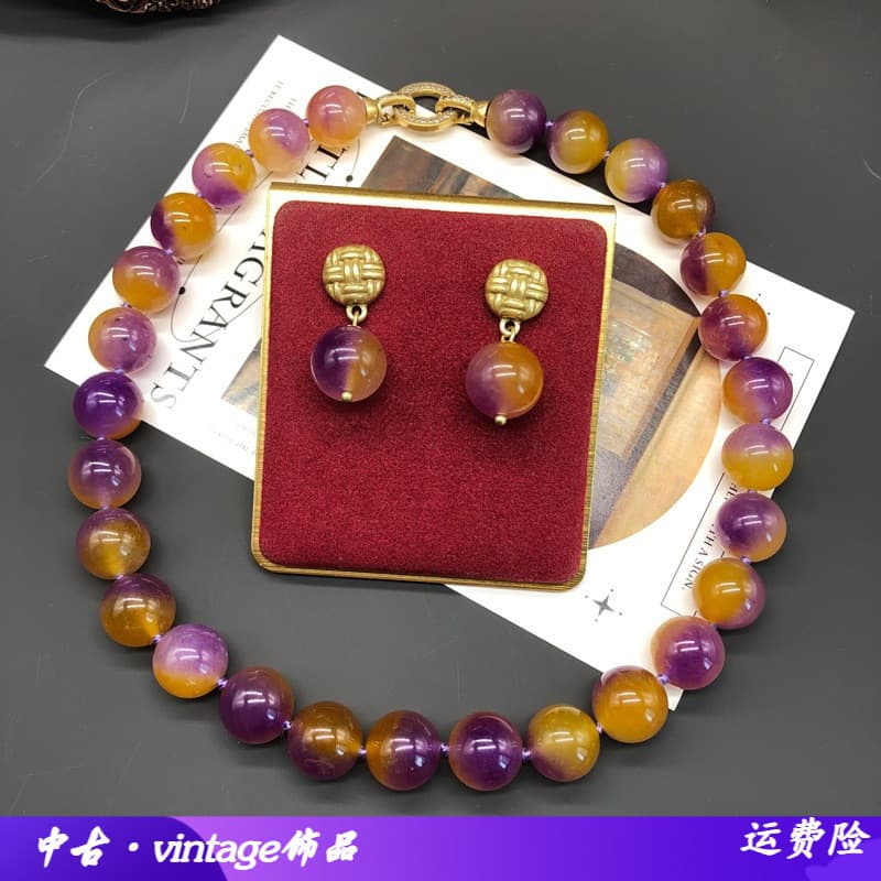 Conjunto Medieval uruguai roxo amarelo gradiente pedra contas frisado colar brincos simples Material de cobre bloqueio n