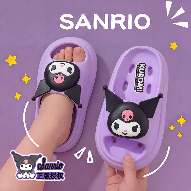 Sanrio Kuromi Sandálias infantis de verão com vazamento, chinelos para meninas, antiderrapantes, sensação de merda, pai