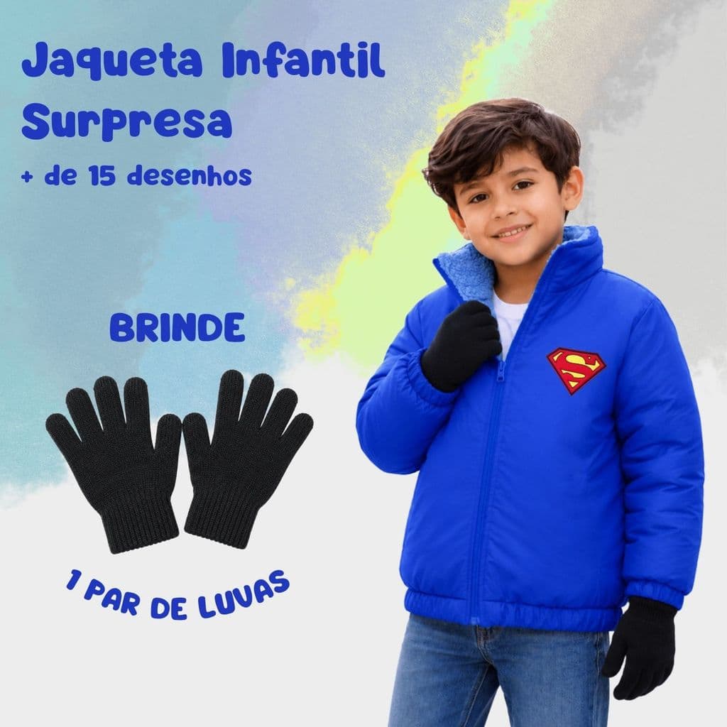 Casaco Infantil Meninos + Brinde Luvas Inverno Forrado Escolha o Personagem Cor Surpresa