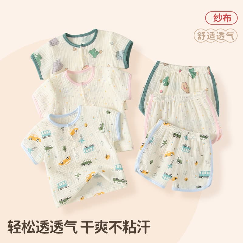 Bebê de manga curta terno verão estilo fino meninos roupas de verão meninas puro algodão bebê gaze roupas crianças terno