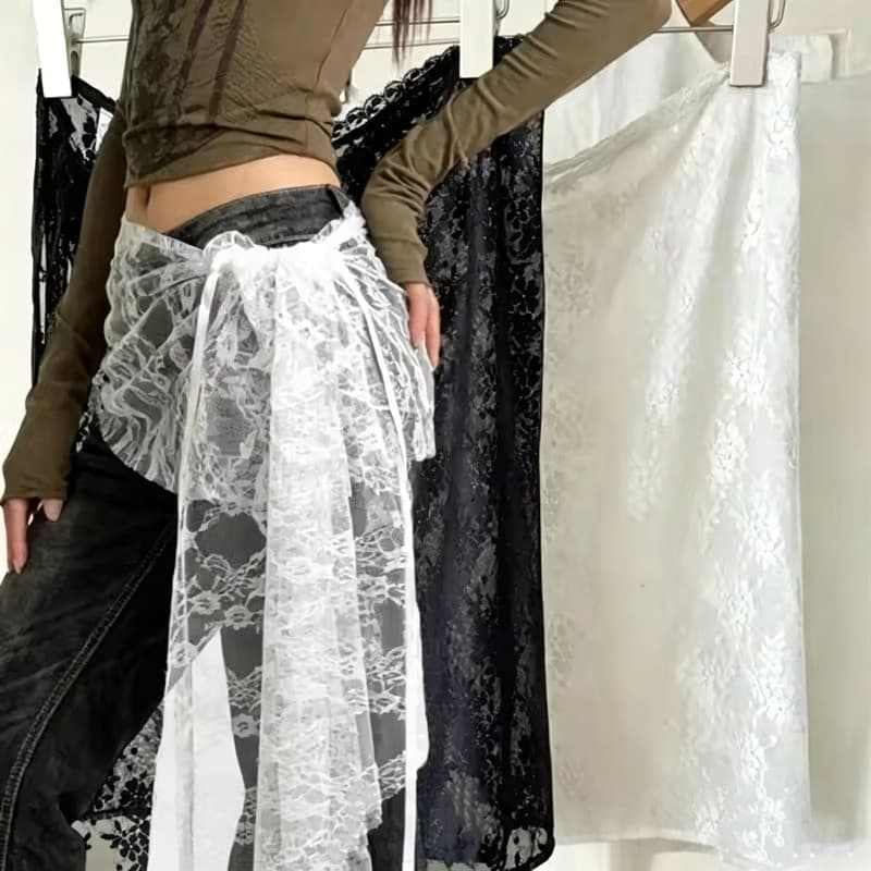 1/2 Peças Saia Traseira De Renda – Cintura Irregular Transparente Cortina De Bunda Francesa Estilo Boêmio Vintage Com Ba