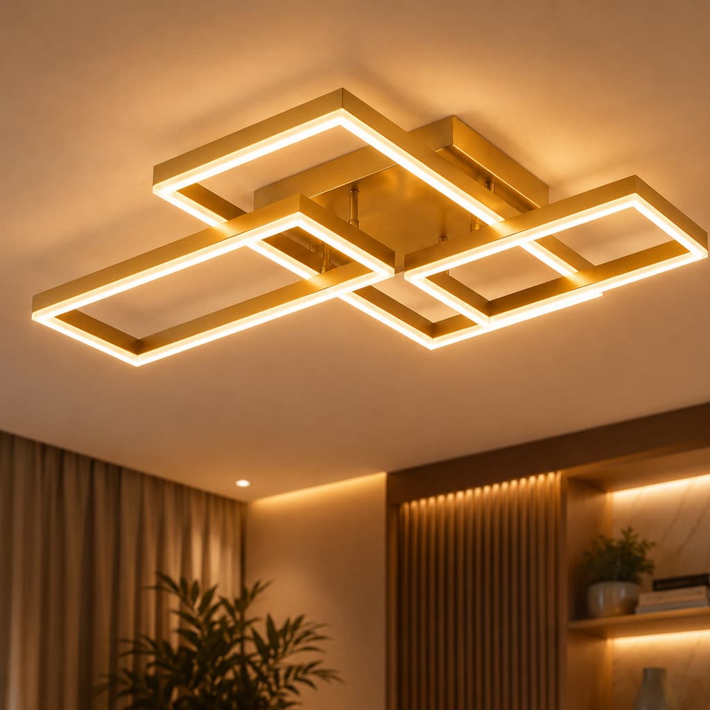 Plafon LED Dourado Geométrico Moderno Luxuoso Sobrepor Lustre Luminária Para Sala Quarto Teto Gesso