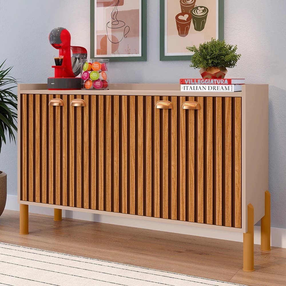 Buffet Aparador Chicago 4 Portas Hall de Entrada Puxador Concha 2 Prateleiras Decoração Sala Cozinha