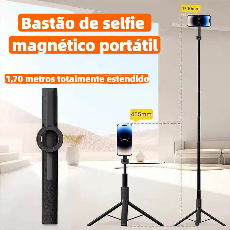 Bastão de selfie magnético com suporte para celular, tripé Bluetooth, portátil, 1,7 metros de comprimento