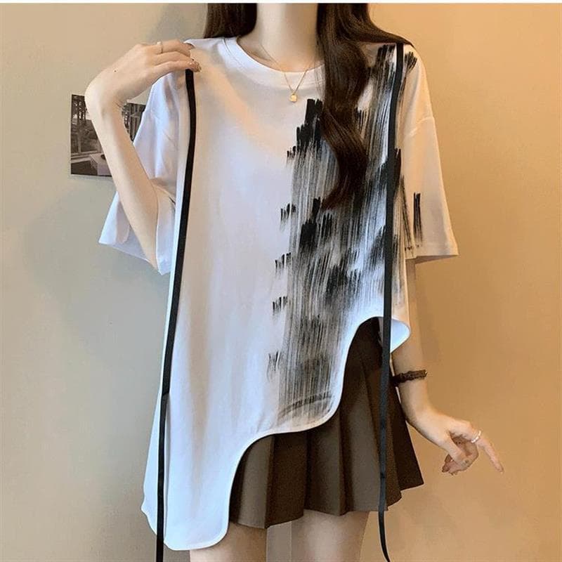 Tamanho grande borda ondulada tinta impressão de manga curta camiseta feminina verão 2025 novo estilo solto cobrindo gor