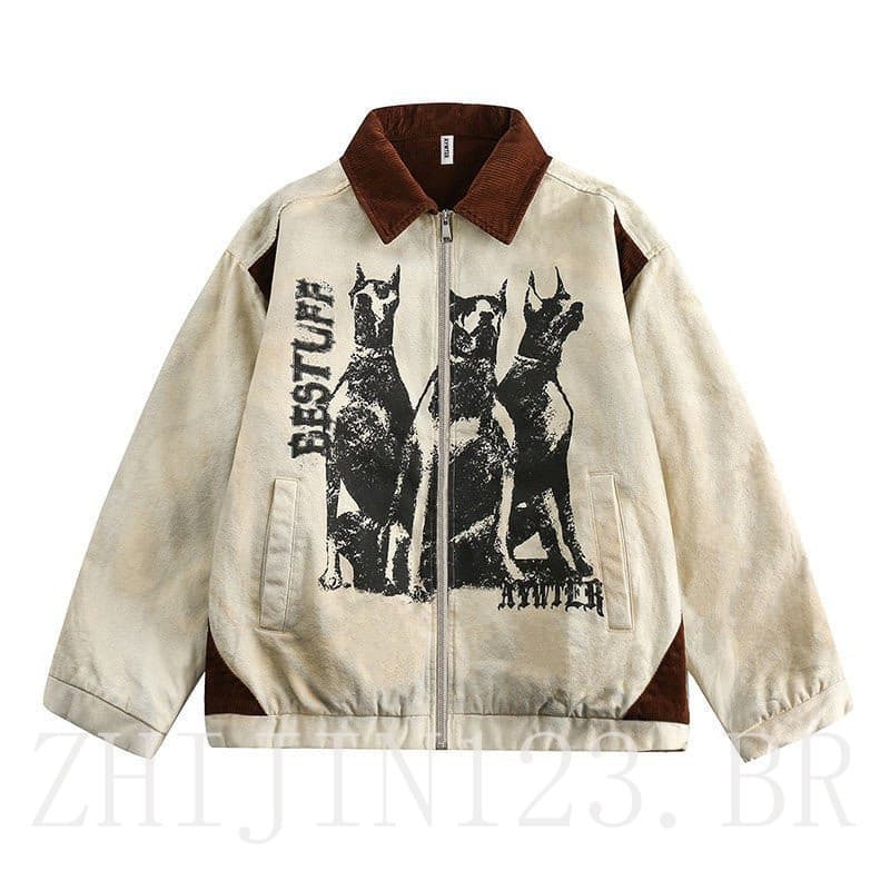 Jaqueta de Beisebol Vintage com Estampa de Cão Dubin para Mulheres e Homens, Estilo High Street com Lapela