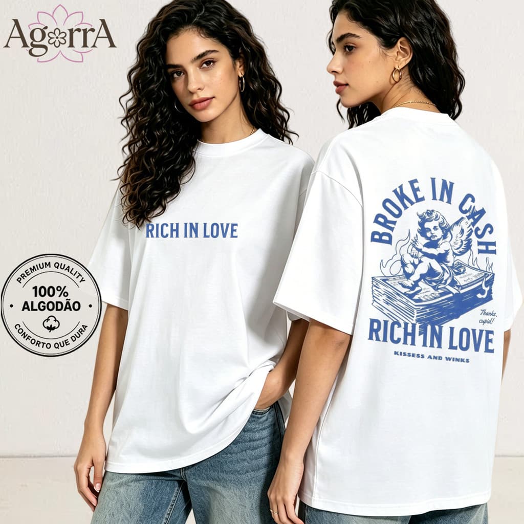 Camiseta Oversized Estampa Cupido Anjo Vintage 100% Algodão Streetwear Frente e Costas Tamanhos P ao G3