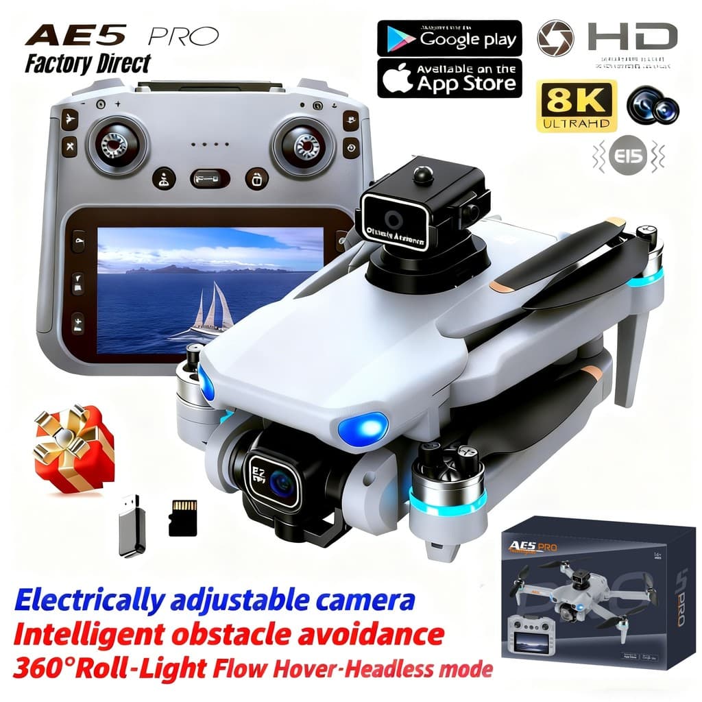 AE5 Pro Drone 8K HD Controle de tela de 4.5 polegadas 20 minutos Bateria Modo sem cabeça Plataforma giratória Tipo 360°F