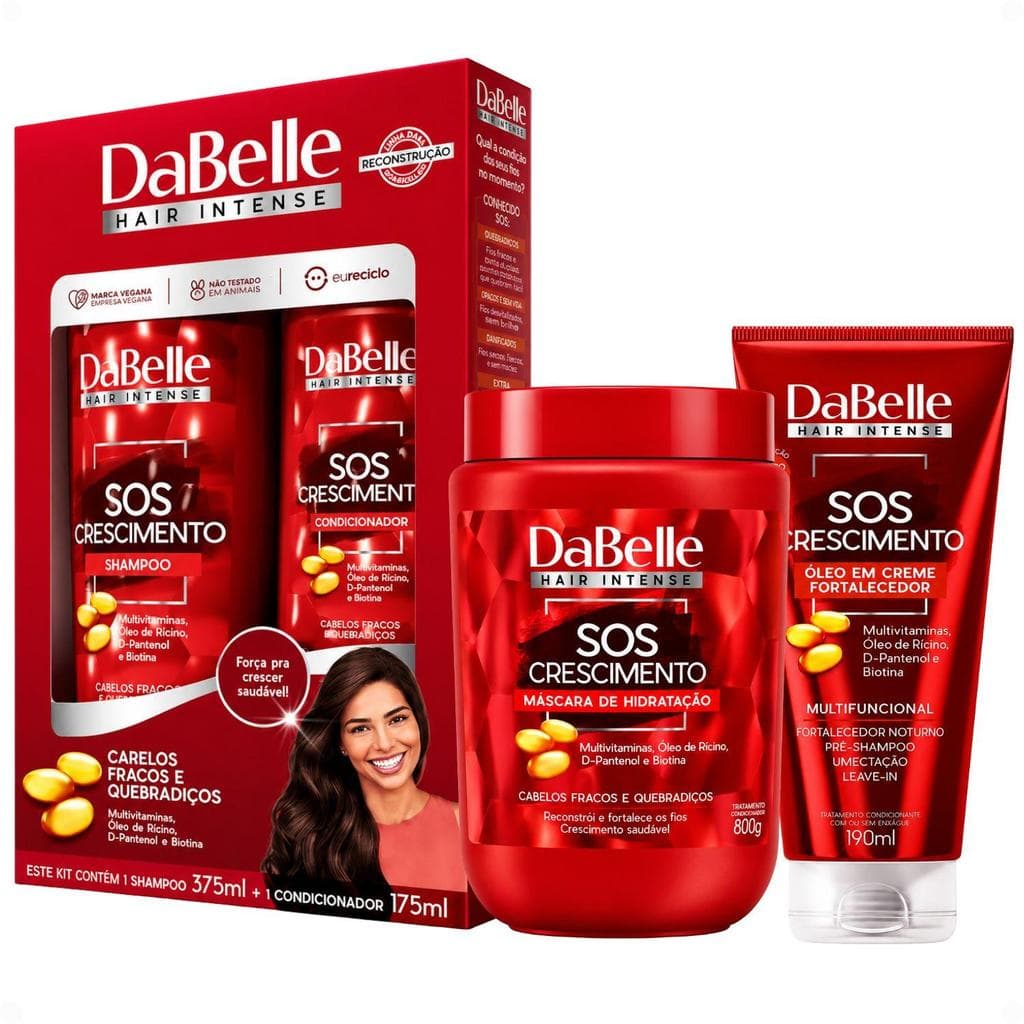 Kit DaBelle Sos Crescimento: Shampoo 375ml e Cond 175ml + Máscara de Hidratação 800g, Óleo em Creme