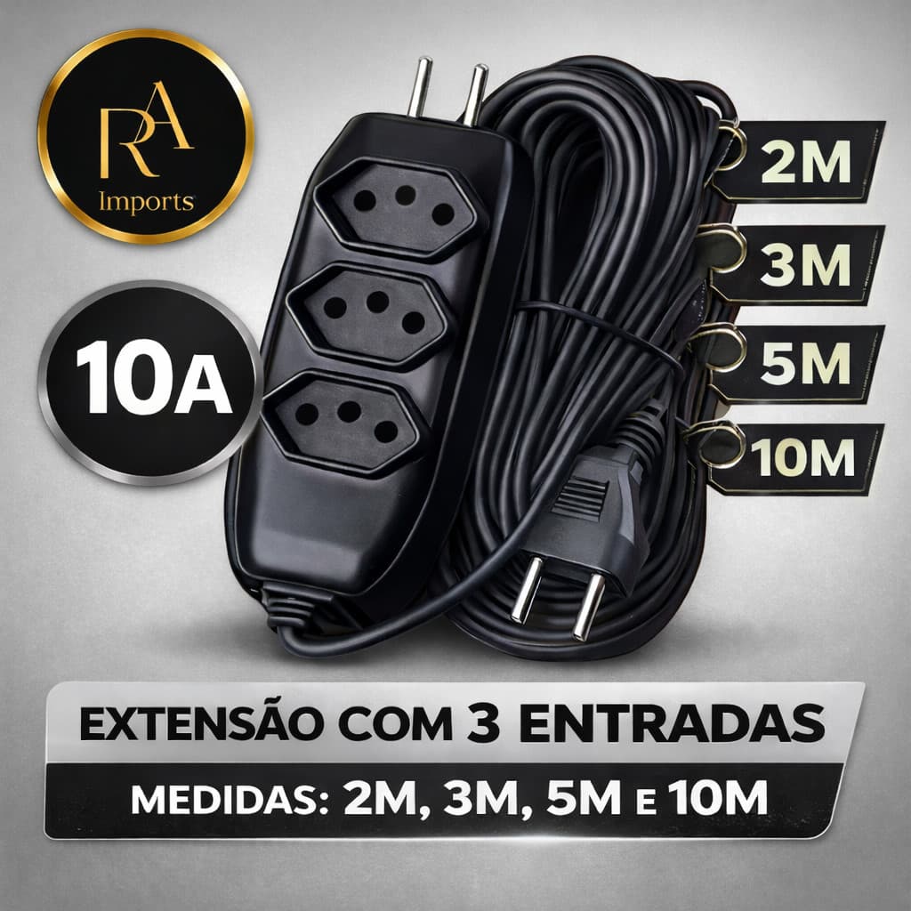 Extensão Elétrica 10, 5 METROS - Bivolt 110/220 10A Tomada Tripolares Preta Resistente
