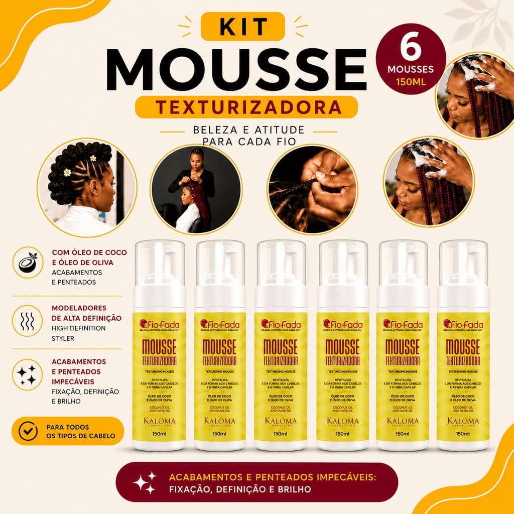 Kit 6 Mousses Texturizador Fio de Fada 150ml Espuma Capilar Definição Tranças Anti Frizz
