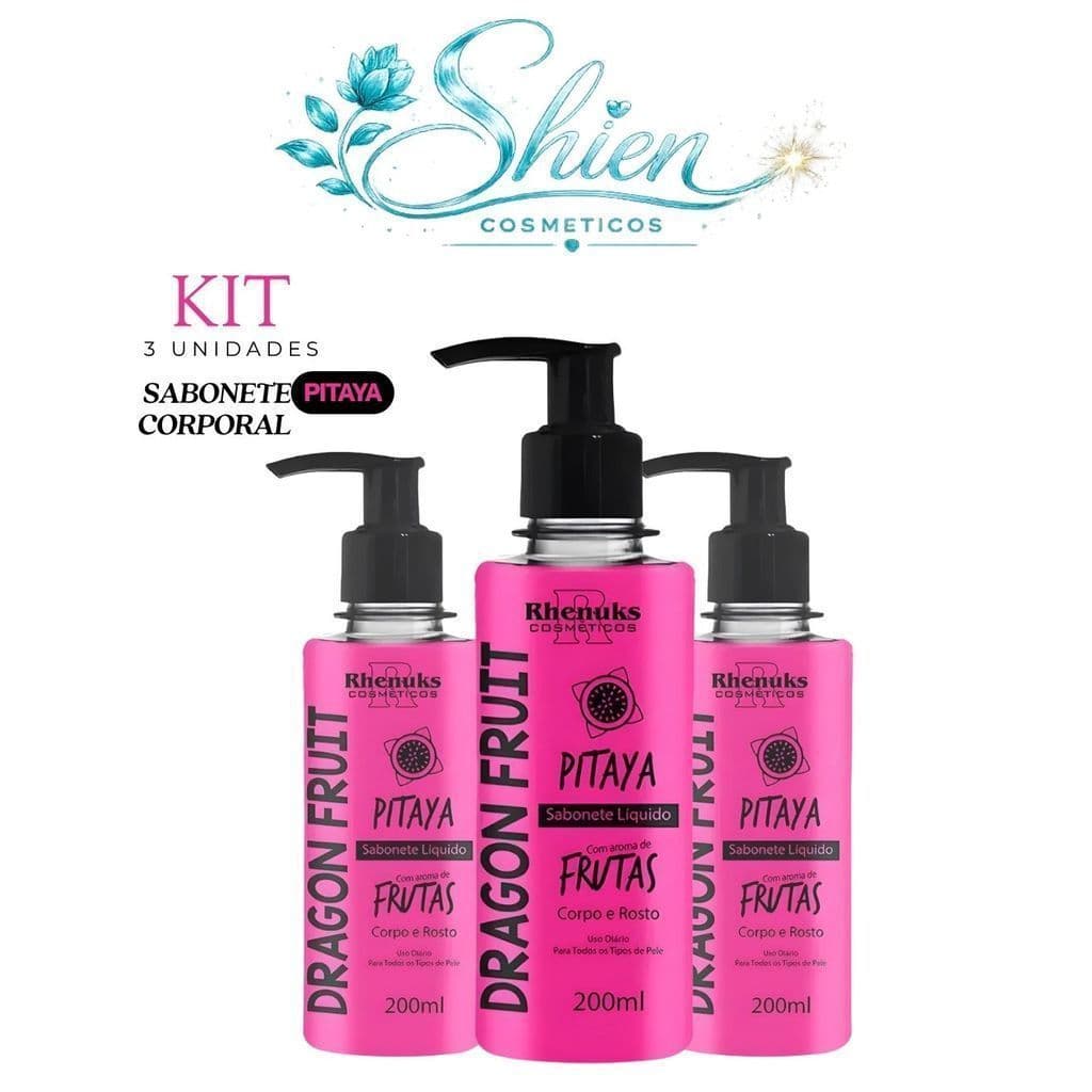 Kit 03 Sabonete Liquido Frutas Corpo e Rosto Pitaya 200ml Rhenuks (Afilhado)