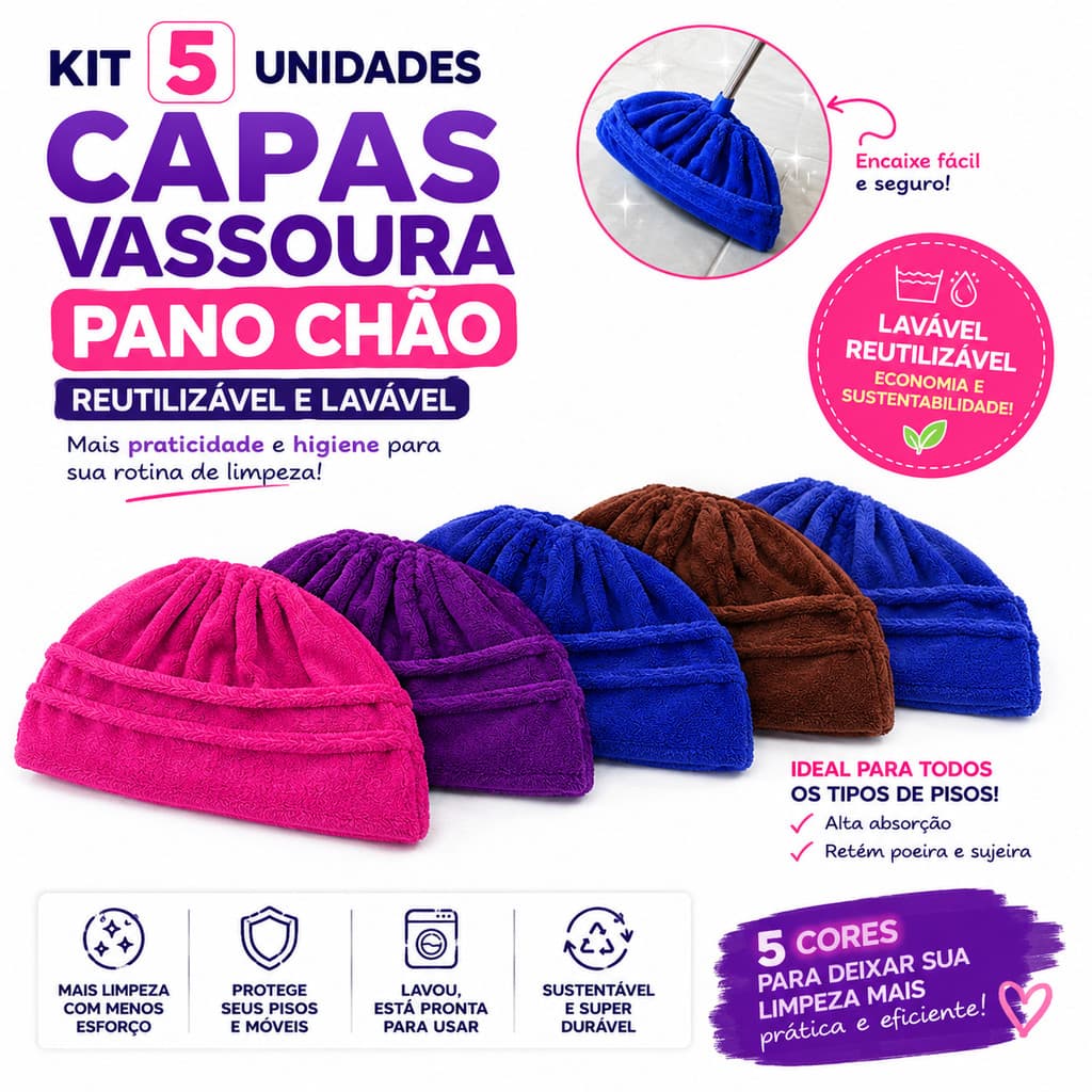 Kit 5 Capas Vassoura Pano Chão Reutilizável Lavável Limpeza Casa Cozinha Banheiro