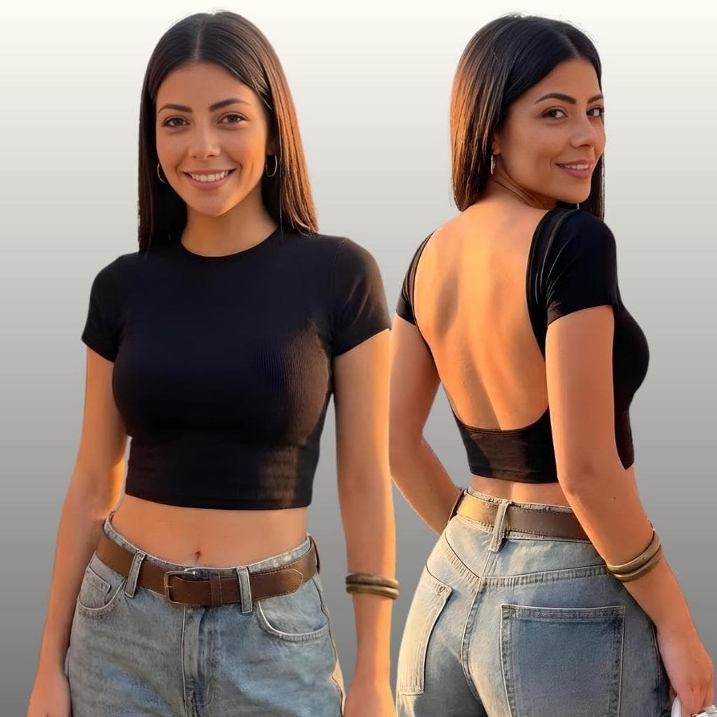 Cropped Baby Tee Costas Nuas Aberta Tecido Suplex Tendência Blogueira Acompanha Faixa Oferta Inverno