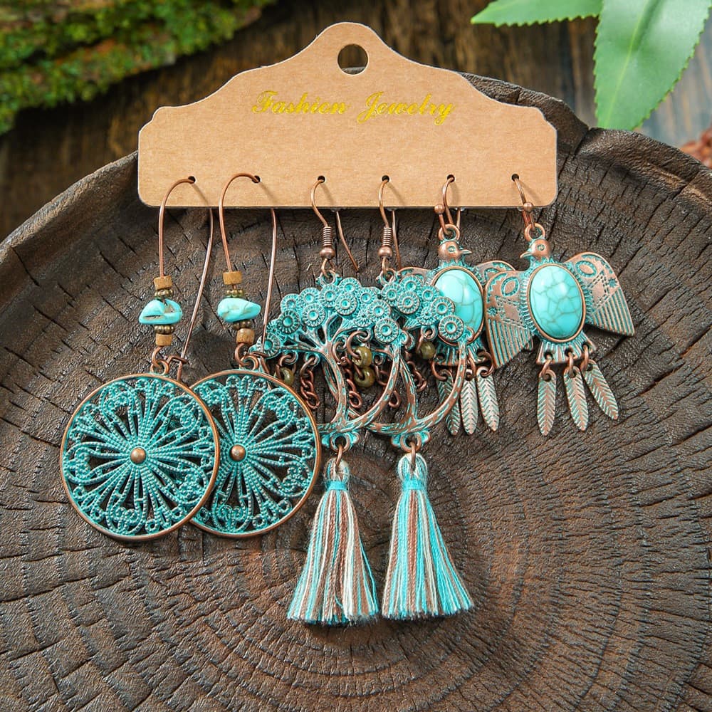 Vintage Bronze Seta Liga Balançar Brinco Conjunto Feminino Boêmio Pedra Azul Geométrica Folhas Pingente Brincos Moda Ind