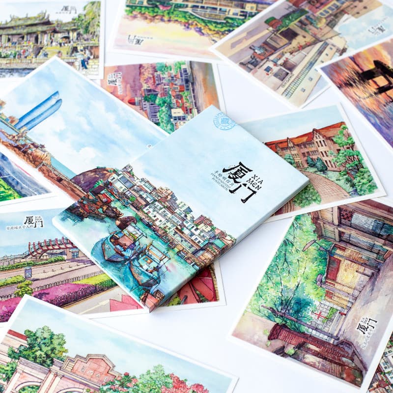 Cartão postal estilo cidade chinesa Xiamen arte pequeno fresco pintado à mão cartão de presente comemorativo de viagem
