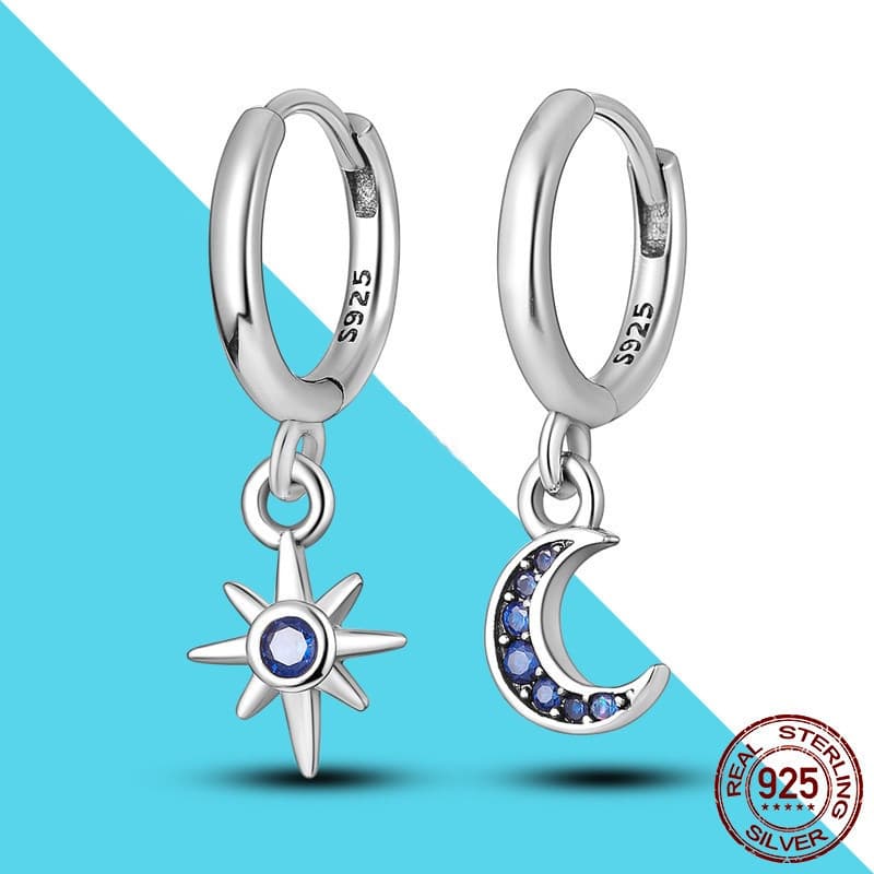 Brincos de estrela e lua em prata 925, incrustados com zircônia azul brilhante, joias femininas requintadas A6U0 LVQR