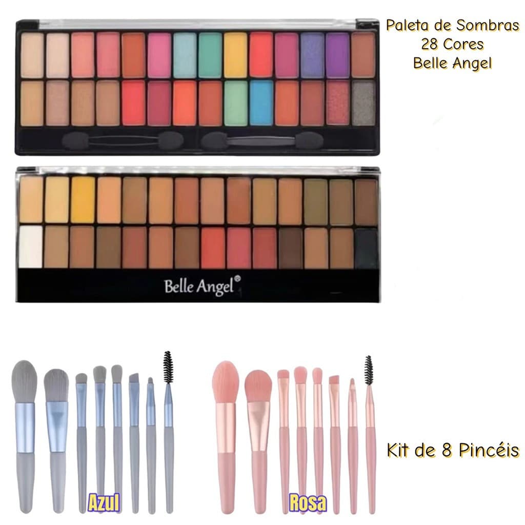 Kit Maquiagem Belle Angel Sombras 28 Cores e Kit com 8 Pincéis Profissionais