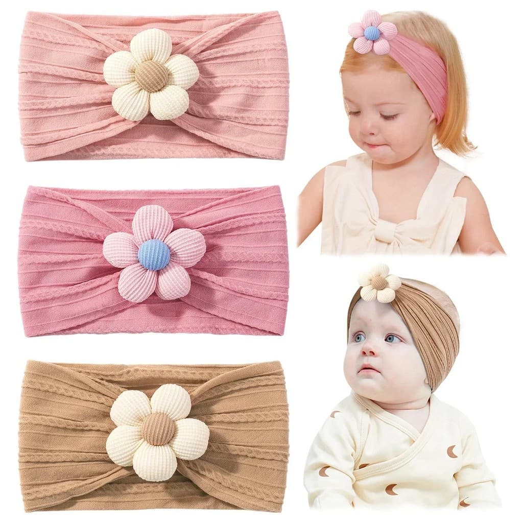 3 Pçs/set Macio Náilon Bandana Adequado Para Bebês Recém-Nascidos Meninas Flor Elástica Hairband Turbante Criança Acessó