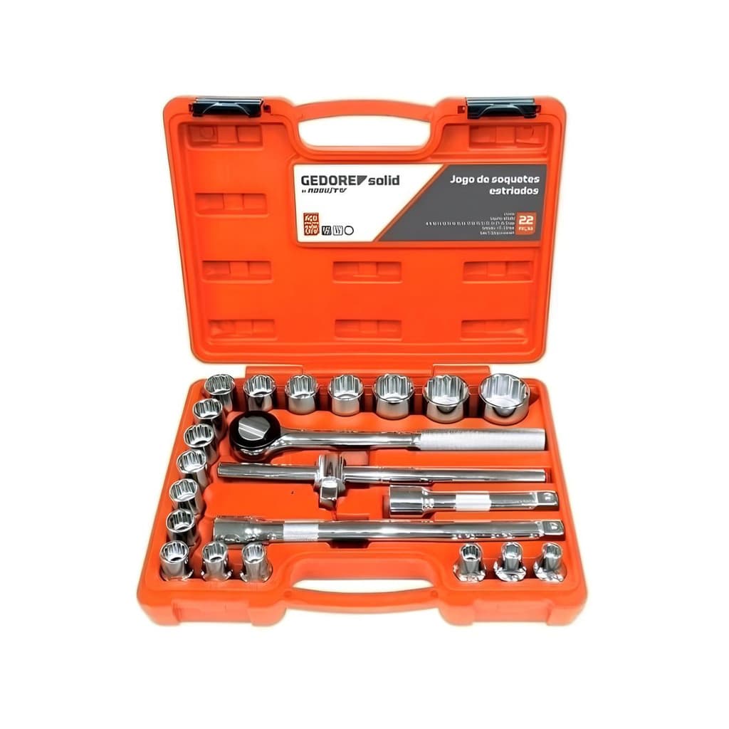 JOGO DE SOQUETES ESTRIADOS D26 1/2" 8 A 32MM E ACESSÓRIOS COM 22 PEÇAS