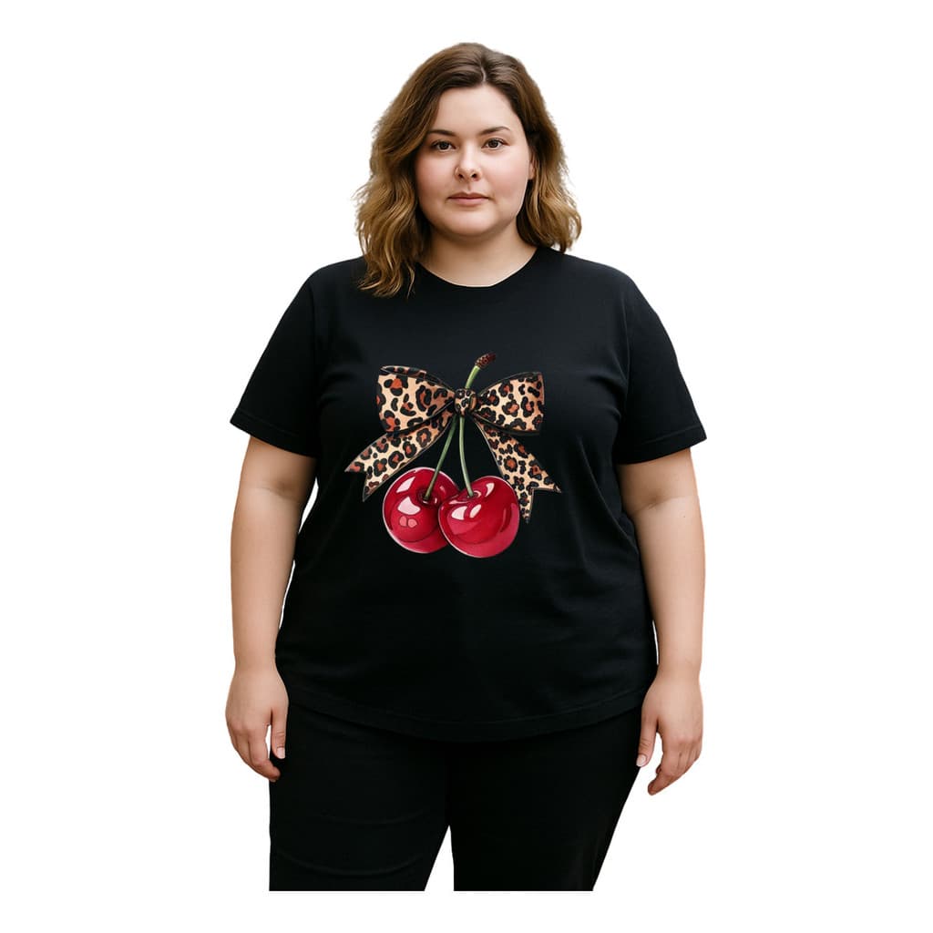 Camiseta T-shirt Plus Size Feminina Camiseta Estampada Cereja com Laço Onça Linda Estilosa 100% Algodão