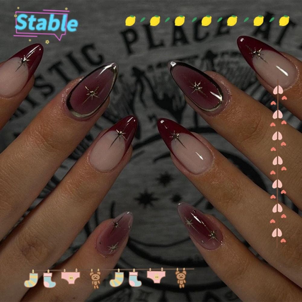 Estável 24 Peças De Unhas Falsas , Nials Falsos De Amêndoa Longa Francesa , Prensa De Cor Cereja Destacável Simples Em F