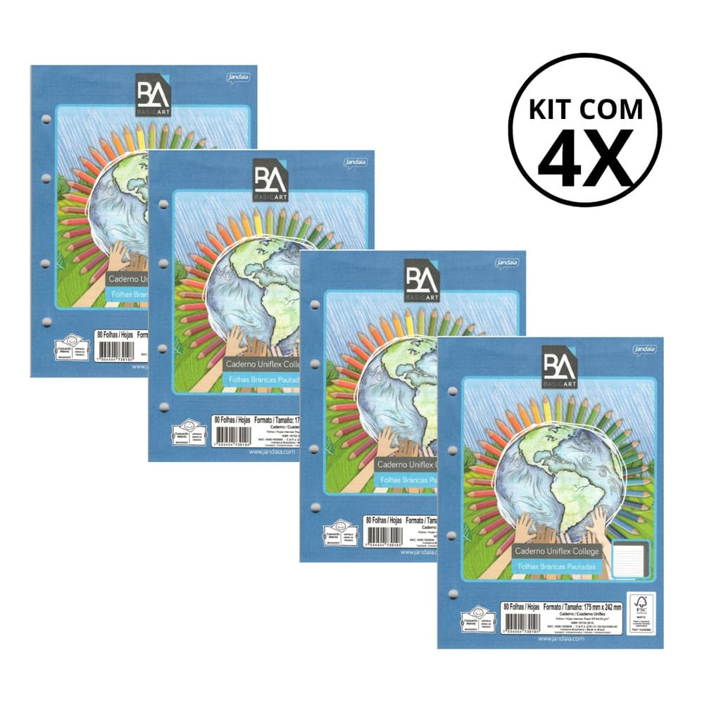 Kit 04 Refil Para Caderno Argolado Colegial 80 Folhas 56g/m² - JANDAIA