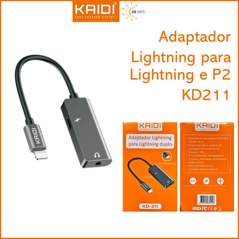 Cabo adaptador de Áudio Lightning iPhone para Lightning e P2 Fone KAIDI KD-211
