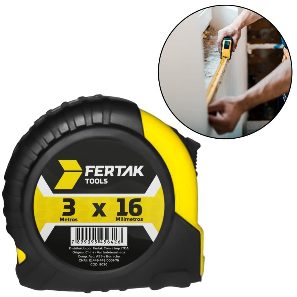 Trena Fita Métrica Emborrachada 3m x 16mm com Presilha Para Cinto e Alça Fertak Trena Prática Hobby Medição Casa