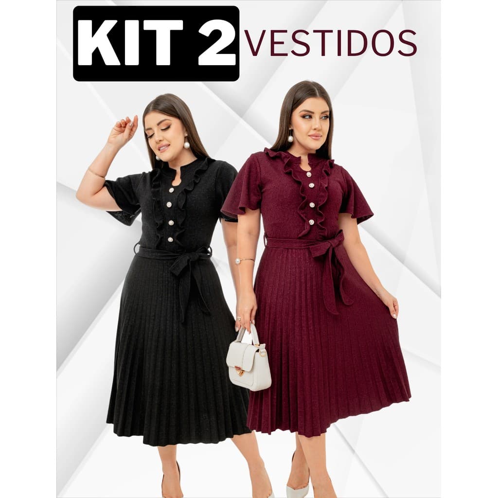 KIT 2 Vestido Midi Plissado Babado e botão com Laço Alto Relevo Moda Evangélica Cristã Modesta