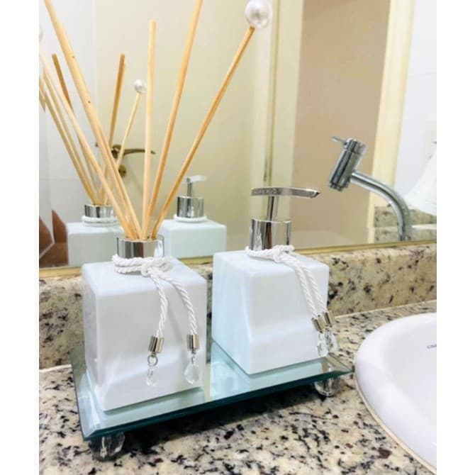 Kit Lavabo PRATA LUXO Branco Cubo Válvula Sabonete Elegance - Difusor e Porta Sabonete Líquido