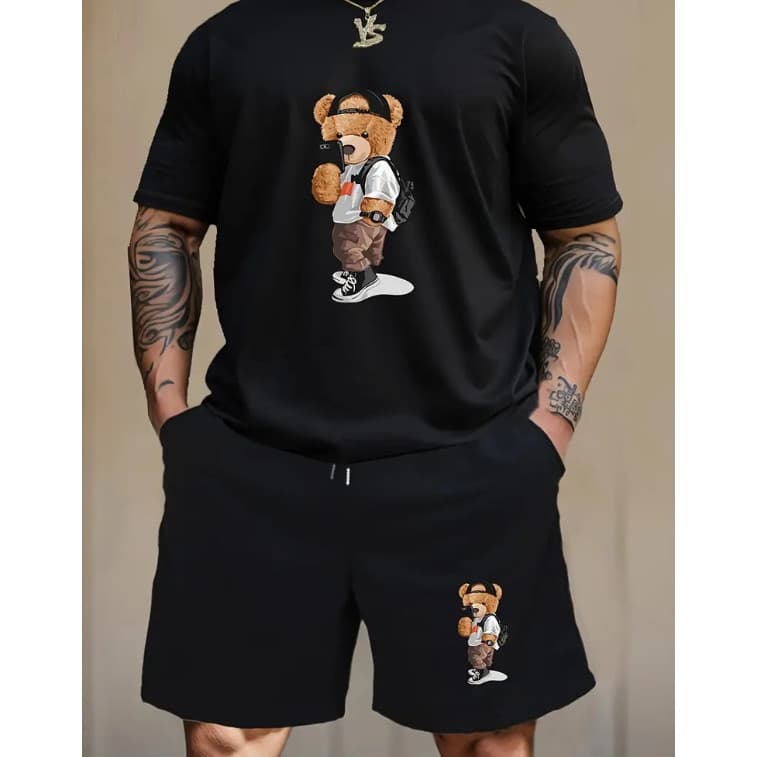 Conjunto kit camisa Camiseta Oversized Estilosa + Bermuda Tactel Urso Masculino