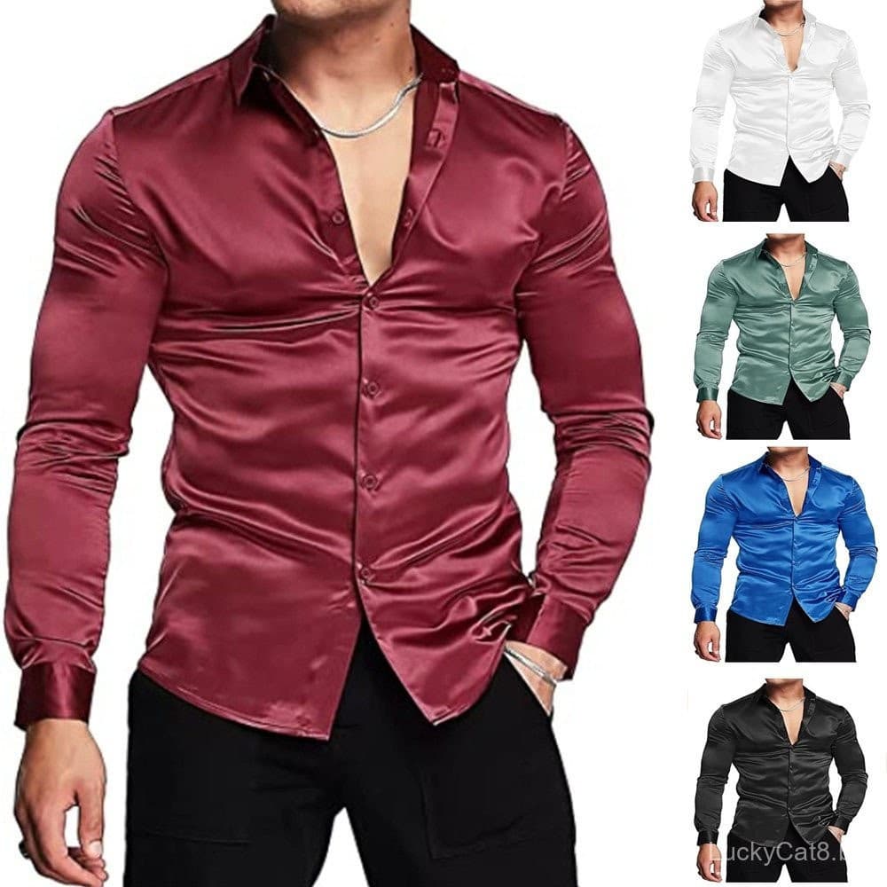 Camisa Social Masculina Feita de Cetim de Seda Brilhante, Manga Longa, Cor Sólida, Ajuste Slim para Casamento, Banquete,