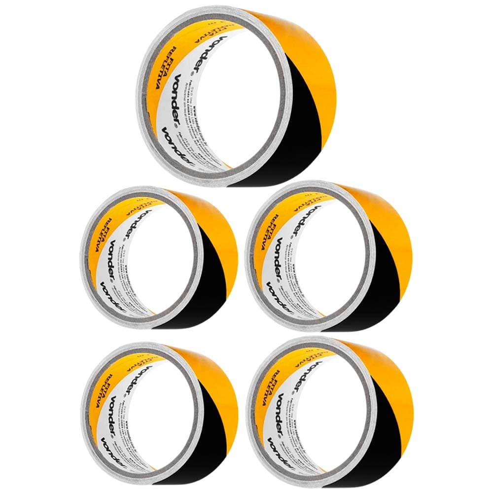 Kit Fita Zebrada Adesiva P/ Sinalizacao Refletivo Preto/Amarelo 50mmX3m 5 Rolos - VONDER