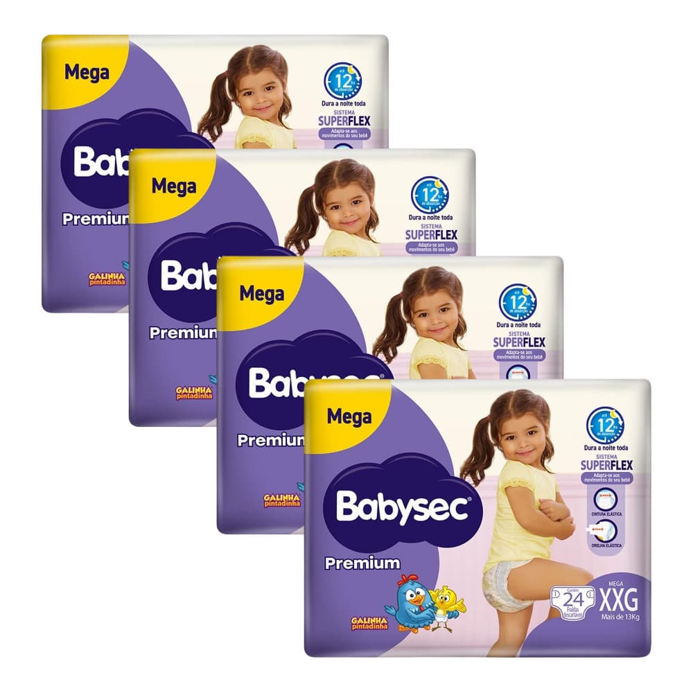 4 Pacotes c/24unidades de Fralda BabySec Premium Galinha Pintadinha Mega XXG