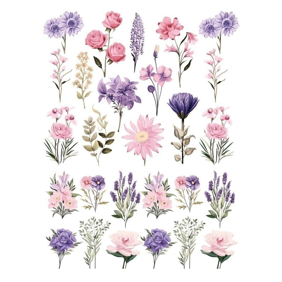 Decalque Hidro Transfer - Flores Lilás e Rosa