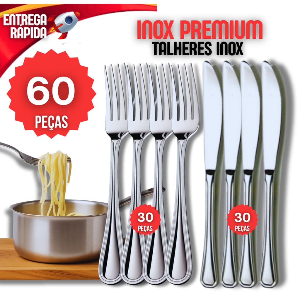 Jogo 60 Garfo Faca Talheres100% Aço Inox 30 Garfo 30 Faca Premium Restaurante Lanchonete Casa Buffet